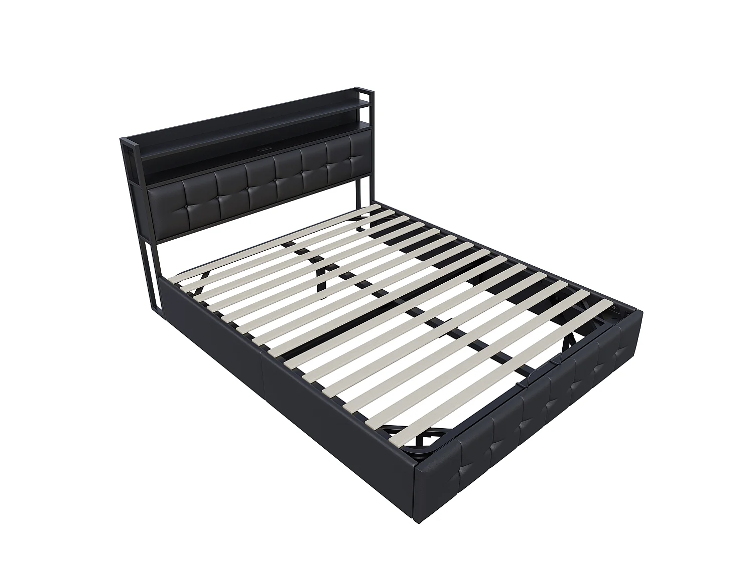 Lit double 160x200 avec rangement - Lit coffre avec LED - tête de lit avec rangement et USB/Type-C - Lit rembourré 160x200 cm avec sommier à lattes - PU noir