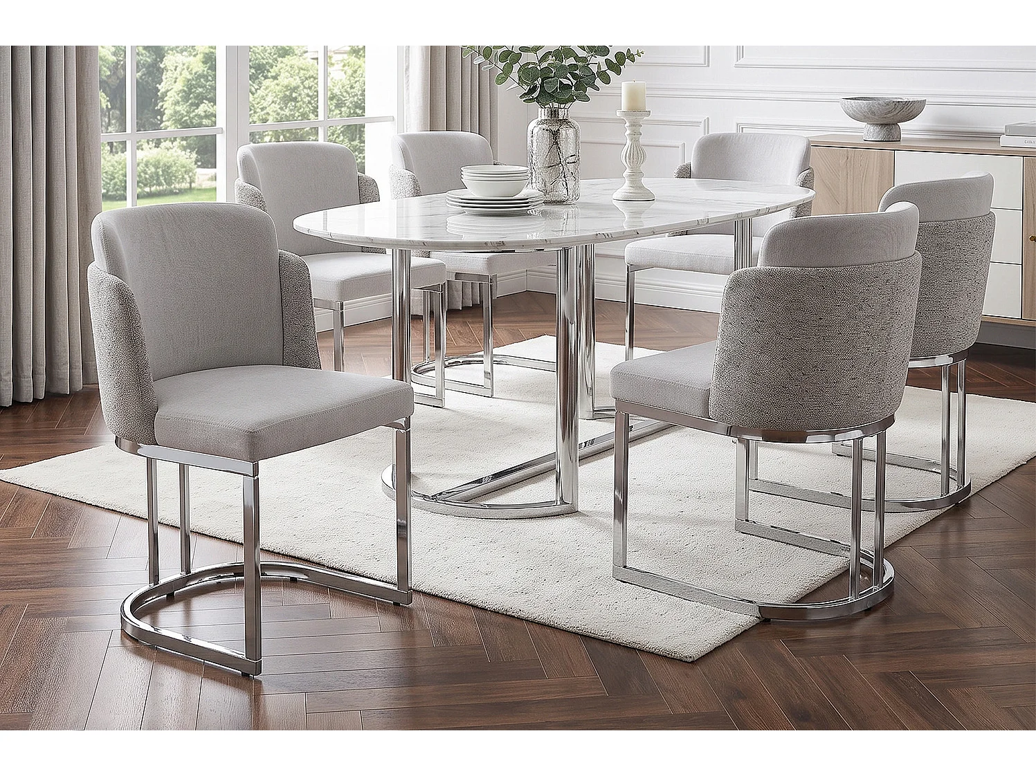 Set van 6 chenille eetkamerstoelen met stalen poten - Lichtgrijs en zilver