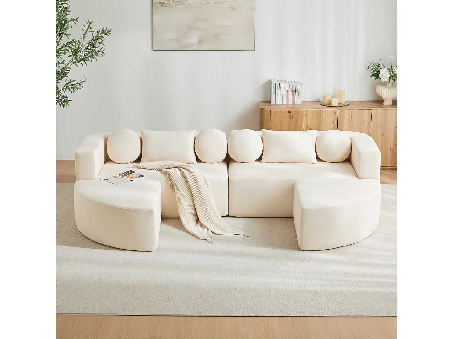 Divano modulare compresso a 4 posti in ciniglia beige - Nessun montaggio richiesto