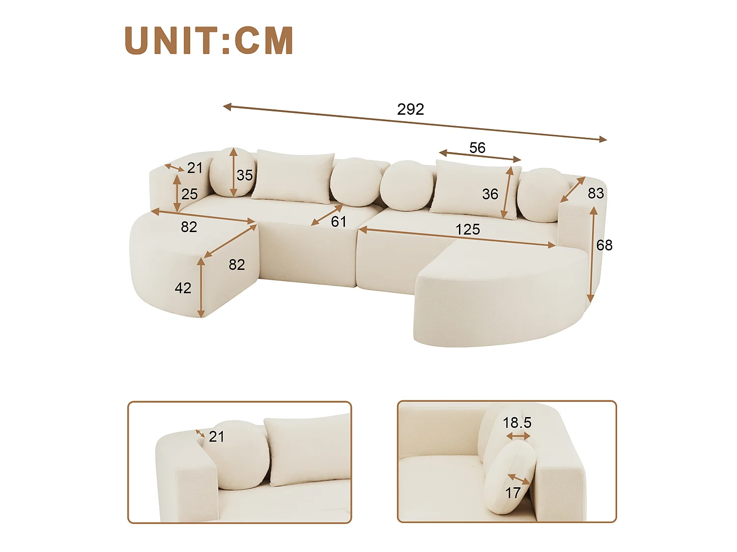 Divano modulare compresso a 4 posti in ciniglia beige - Nessun montaggio richiesto