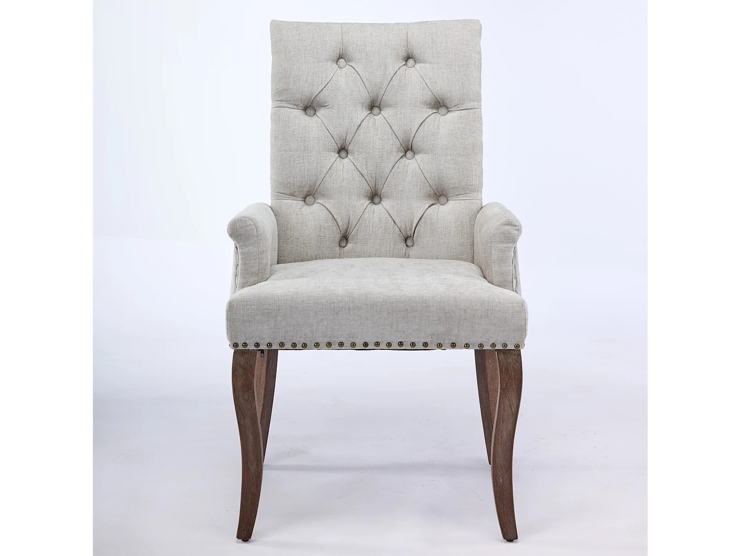 Eetkamerstoel van chenille met armleuningen en houten poten - Beige