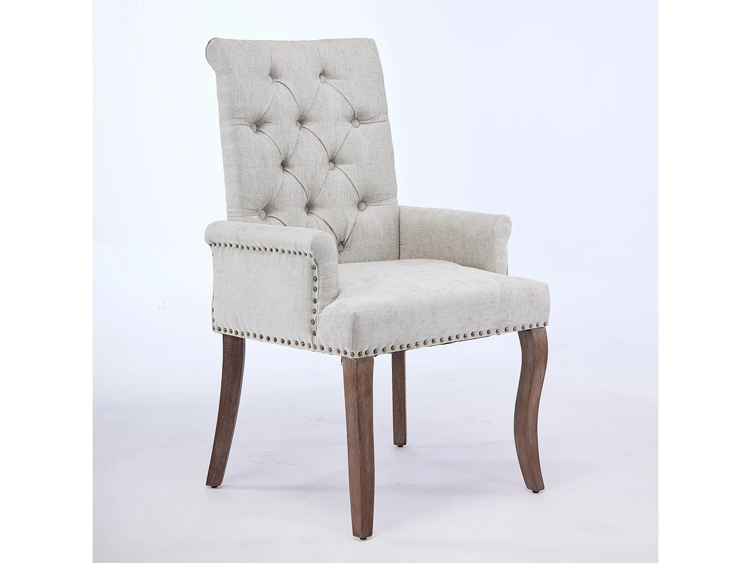 Eetkamerstoel van chenille met armleuningen en houten poten - Beige
