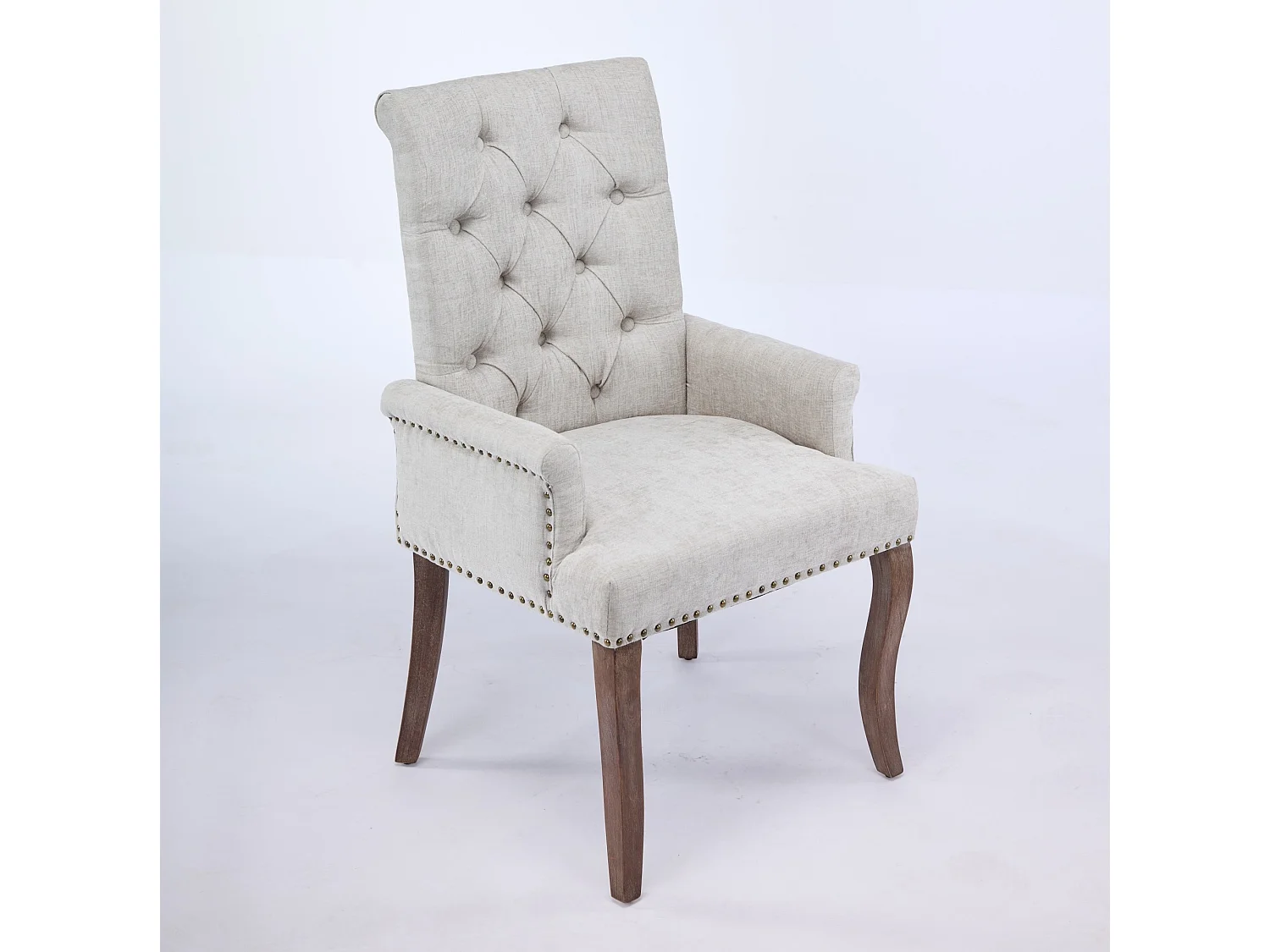 Eetkamerstoel van chenille met armleuningen en houten poten - Beige