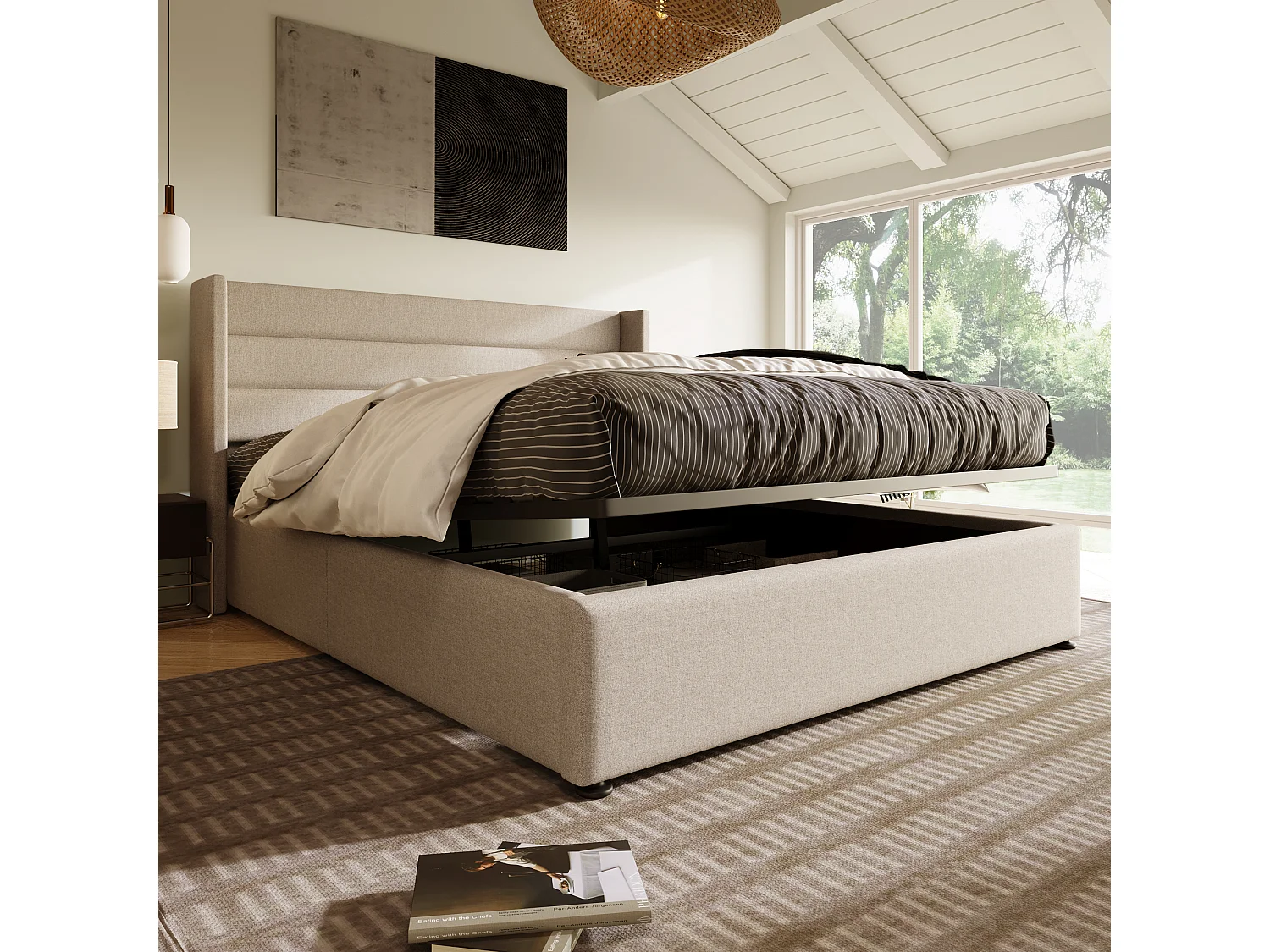 Lit coffre rembourré 160x200 cm, lit double hydraulique avec sommier à lattes, cadre métal, bois, lin, beige