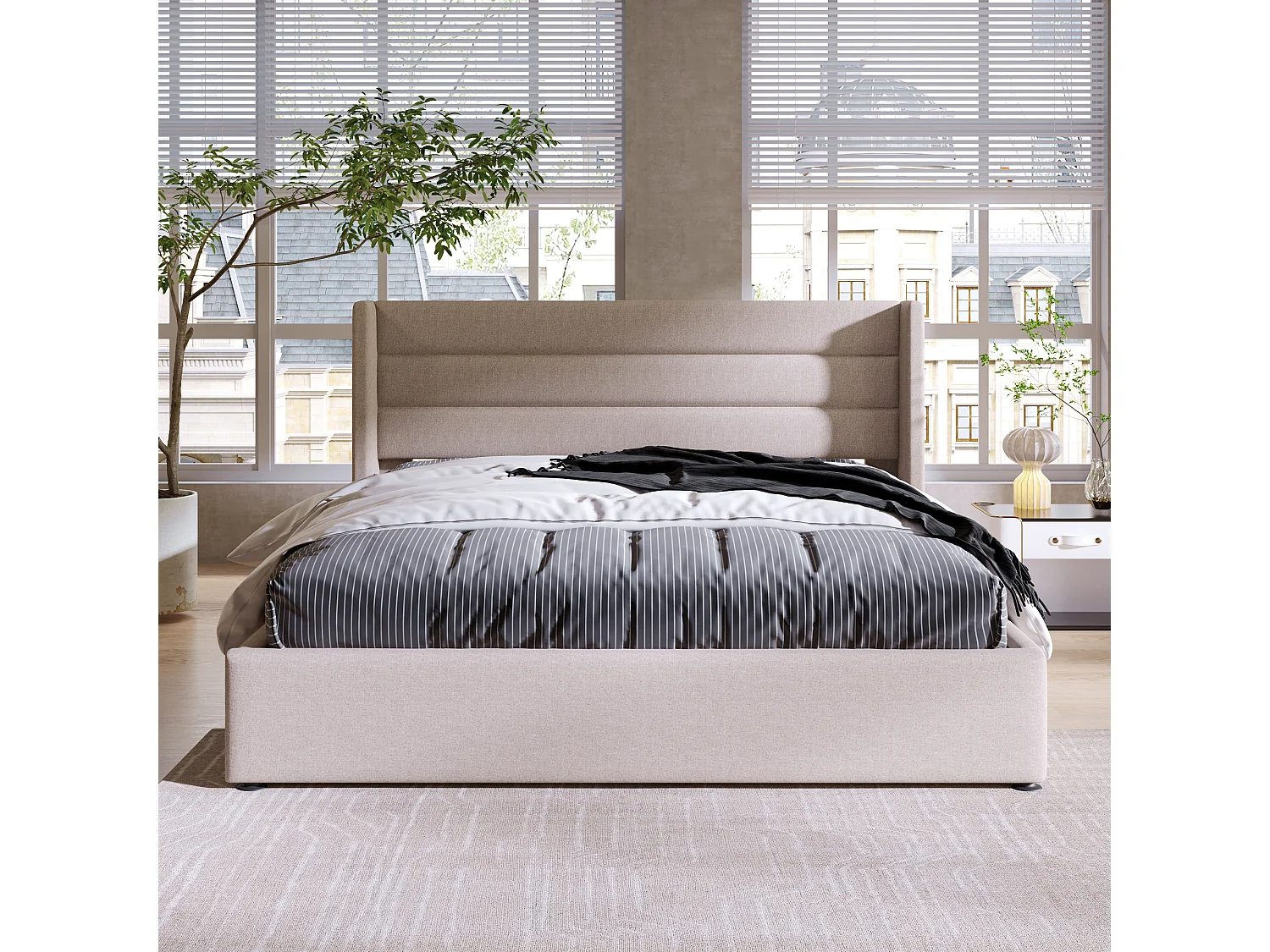 Lit coffre rembourré 160x200 cm, lit double hydraulique avec sommier à lattes, cadre métal, bois, lin, beige