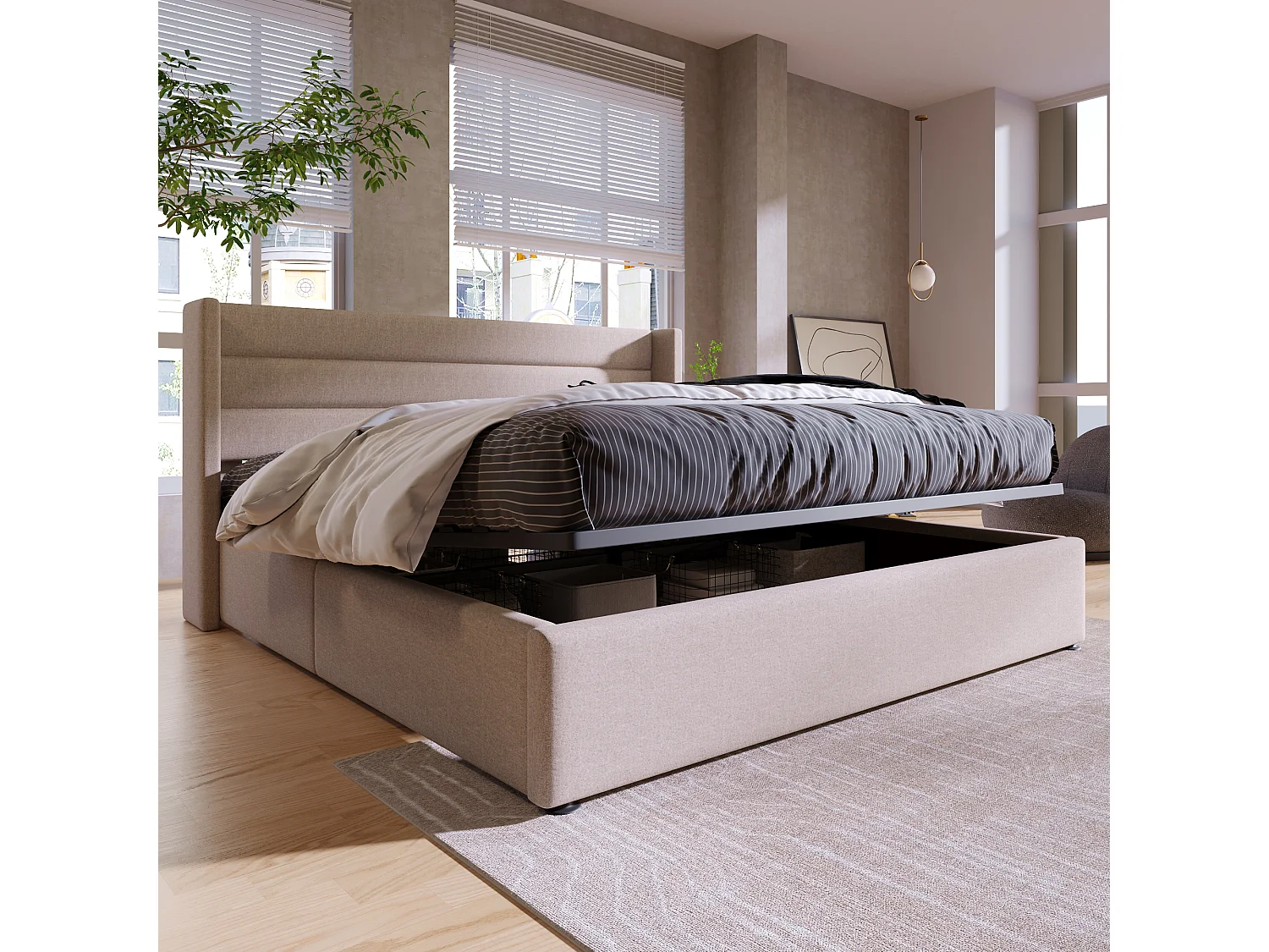 Lit coffre rembourré 160x200 cm, lit double hydraulique avec sommier à lattes, cadre métal, bois, lin, beige