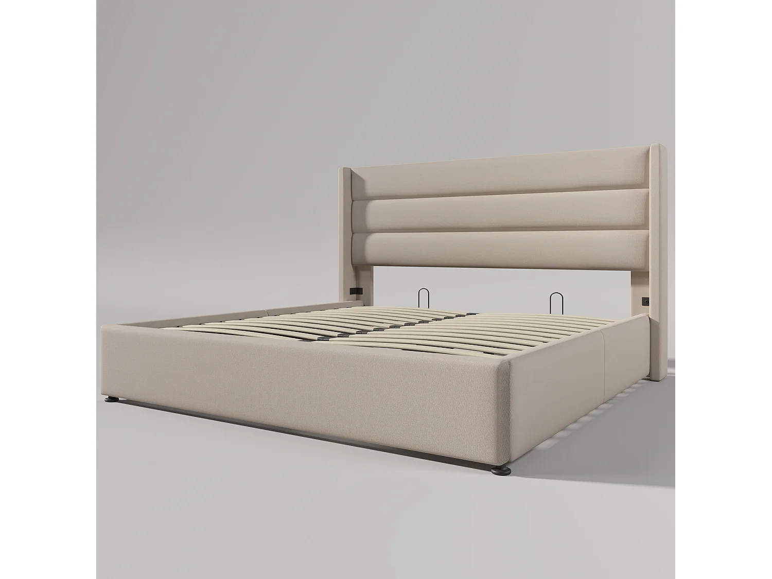 Lit coffre rembourré 160x200 cm, lit double hydraulique avec sommier à lattes, cadre métal, bois, lin, beige