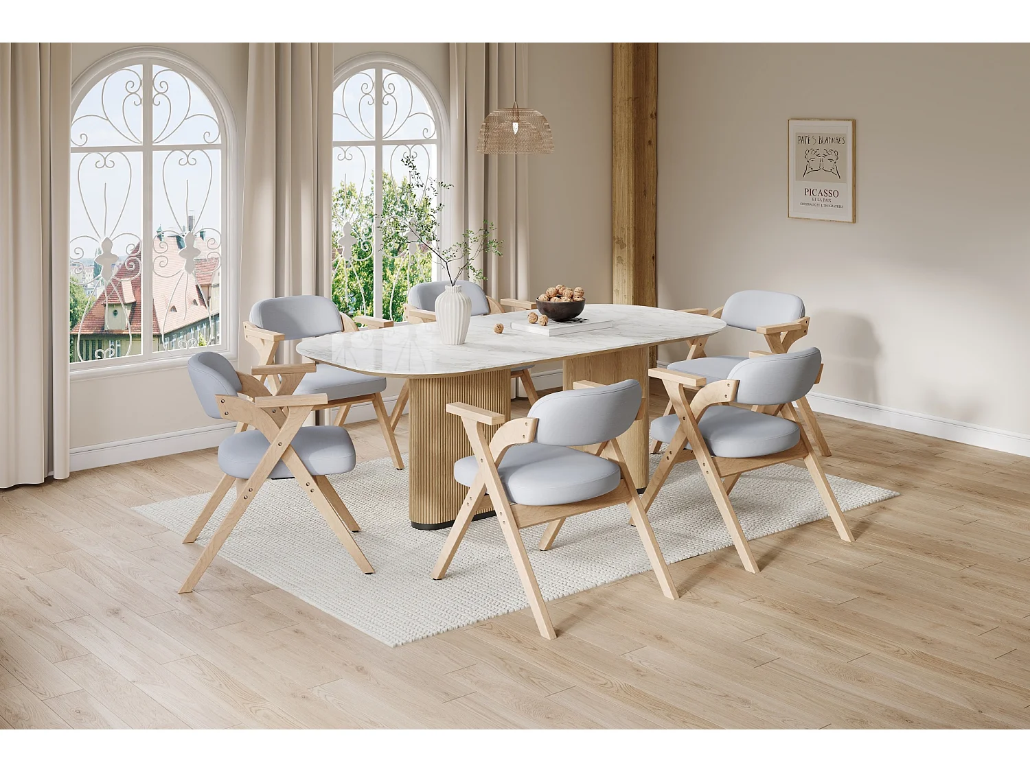 Set van 6 opklapbare stoelen in grijs linnen met armleuningen - Licht naturel
