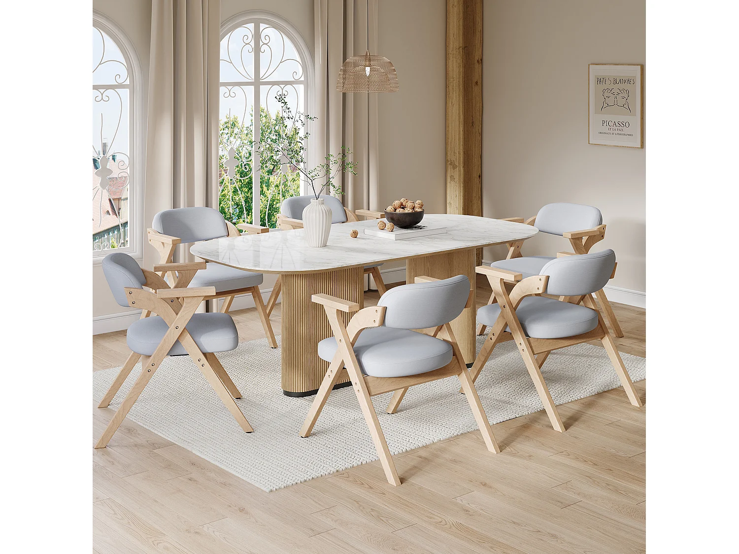 Set van 6 opklapbare stoelen in grijs linnen met armleuningen - Licht naturel