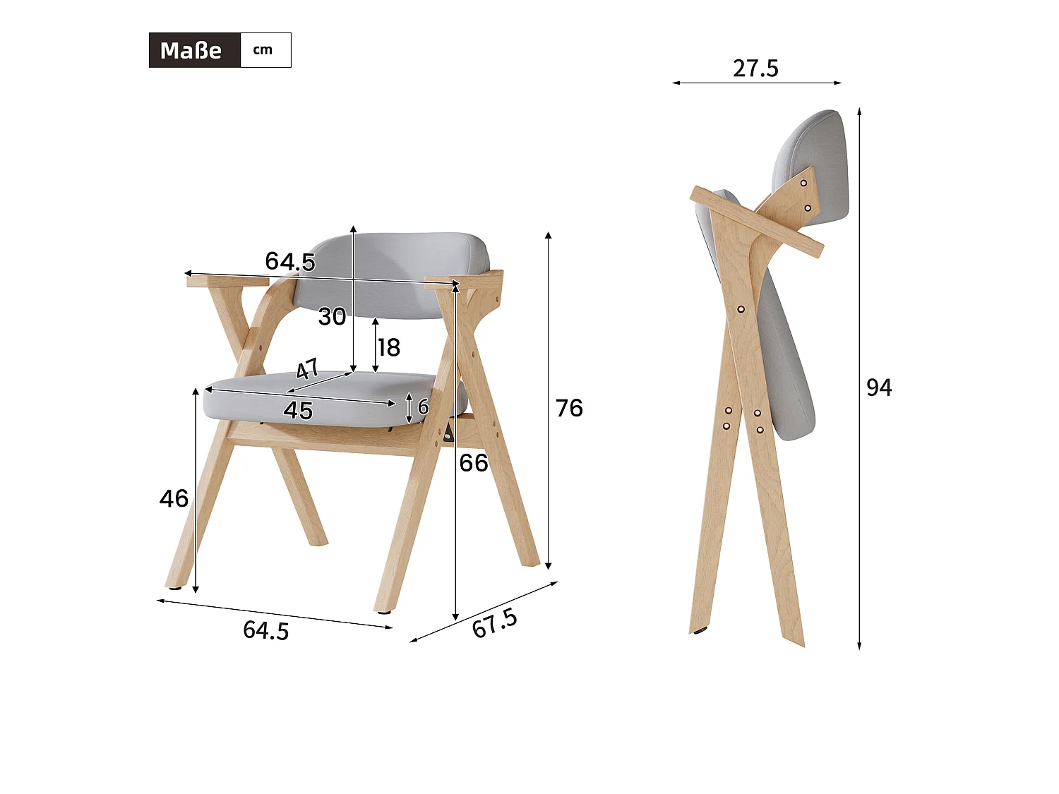 Set van 6 opklapbare stoelen in grijs linnen met armleuningen - Licht naturel