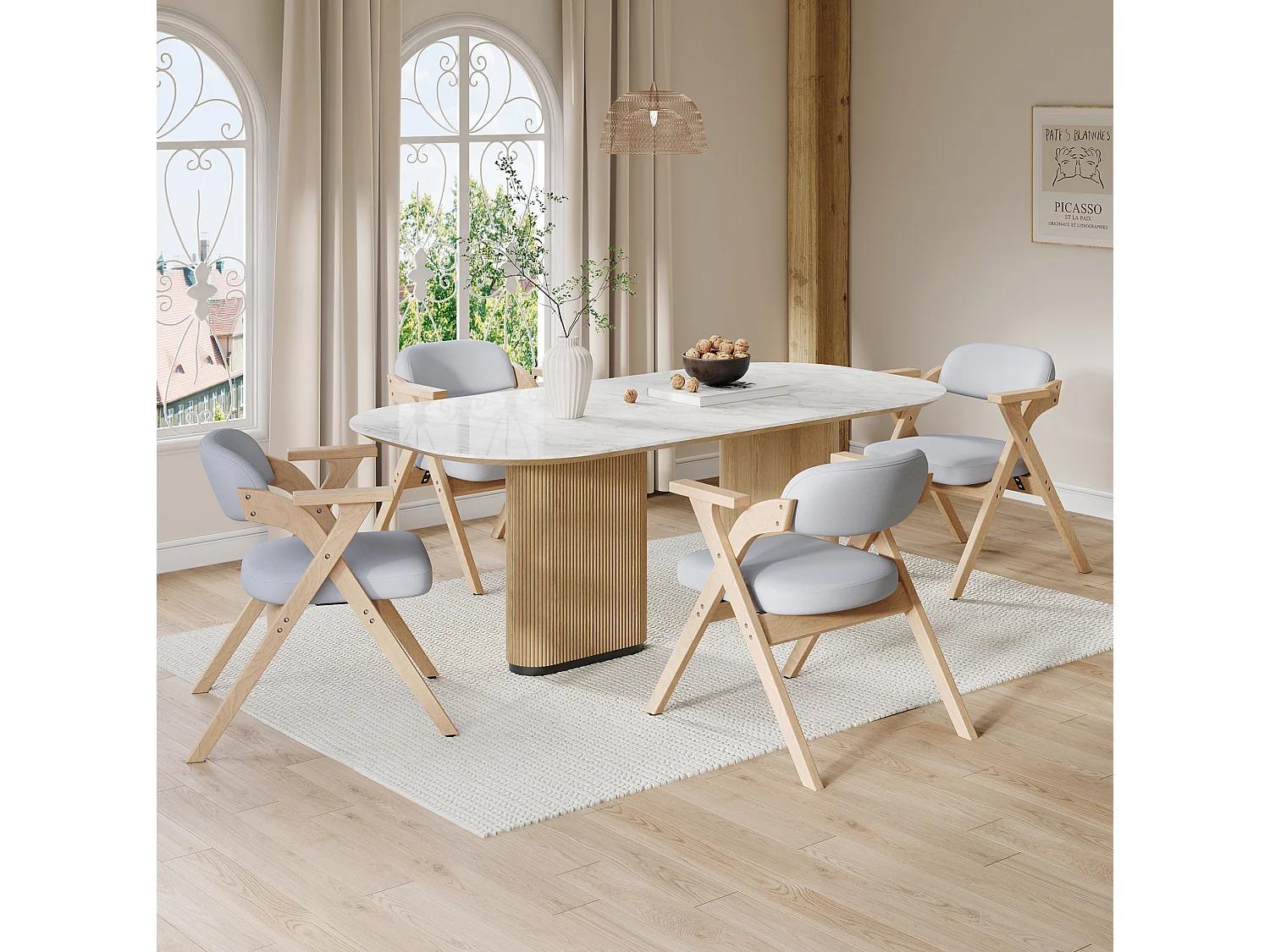 Set van 6 opklapbare stoelen in grijs linnen met armleuningen - Licht naturel