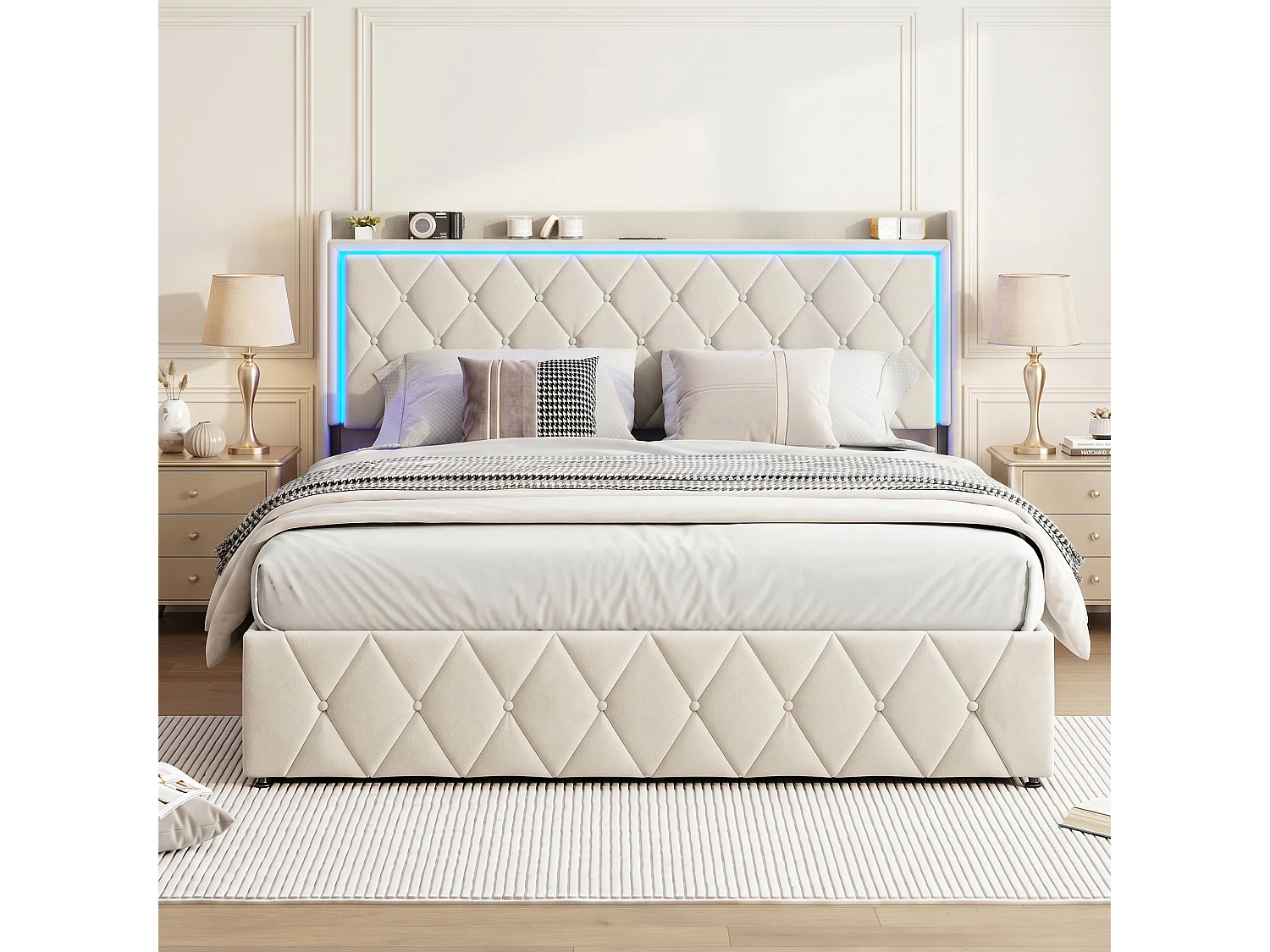 Lit coffre 160x200cm avec ports USB et LED, Cadre de Lit adulte 160x200 cm avec rangement hydraulique, Lit Double Rembourré, sommier à lattes, Velours, beige