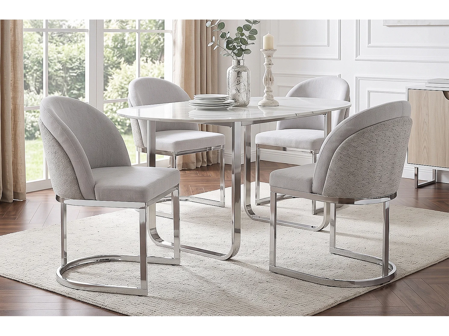 Set van 4 stoelen met zilverkleurige metalen poten - Grijze chenille stof