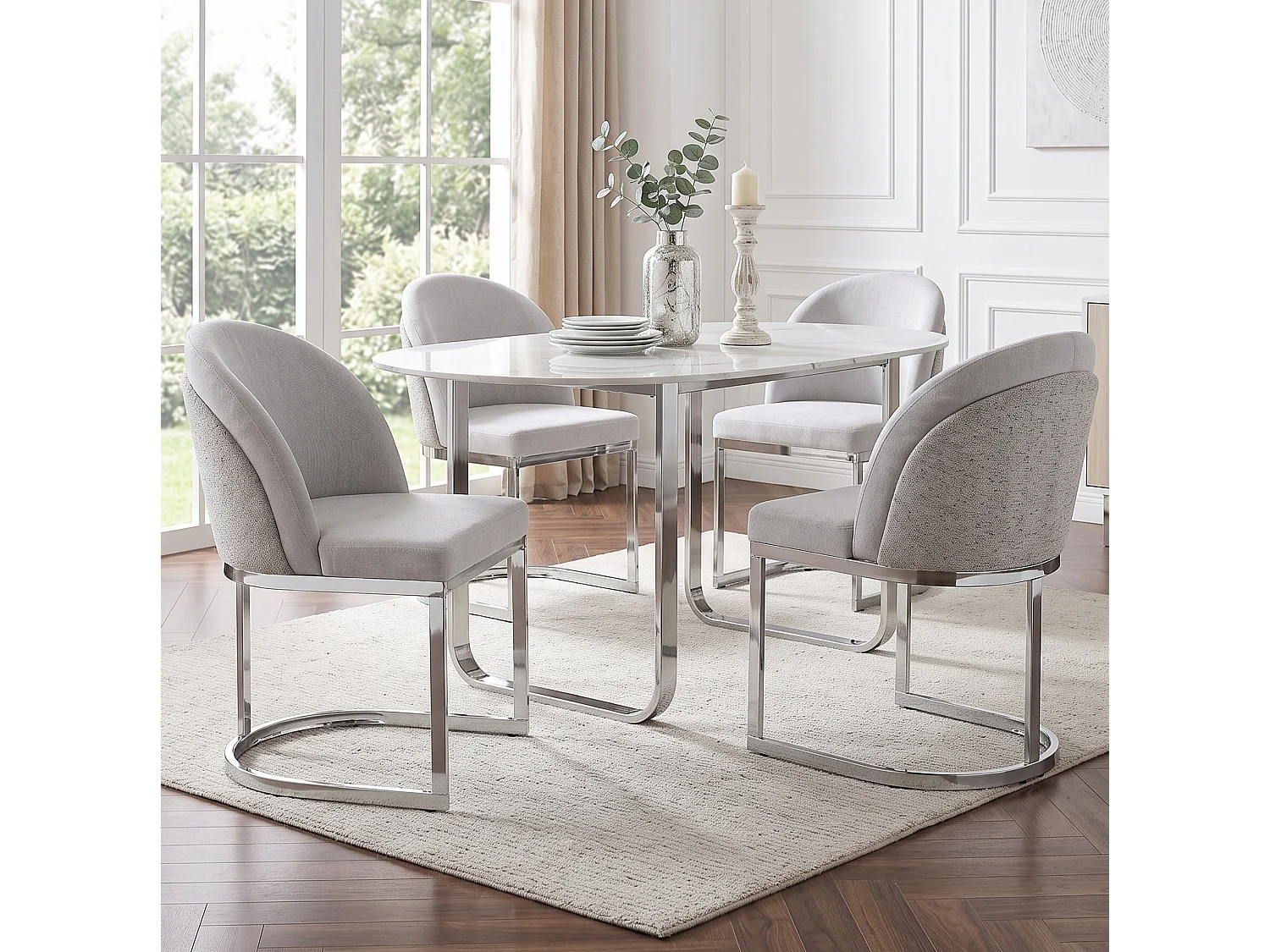 Set van 4 stoelen met zilverkleurige metalen poten - Grijze chenille stof