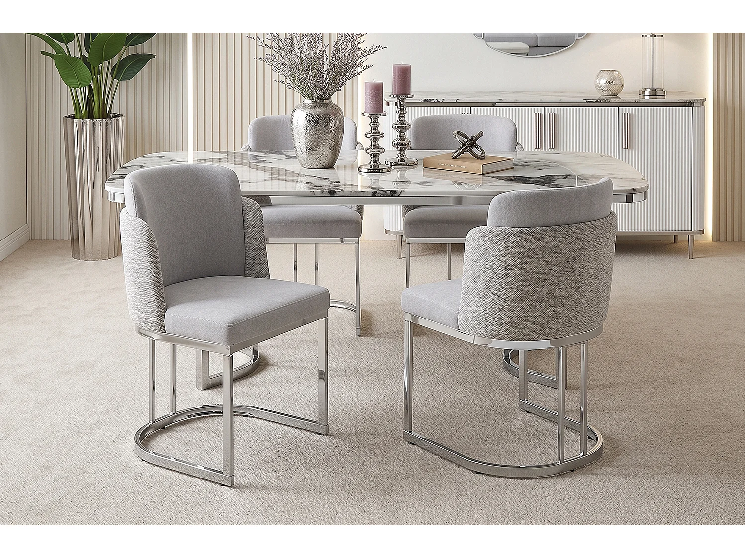 Set van 4 chenille eetkamerstoelen met stalen poten - Lichtgrijs en zilver