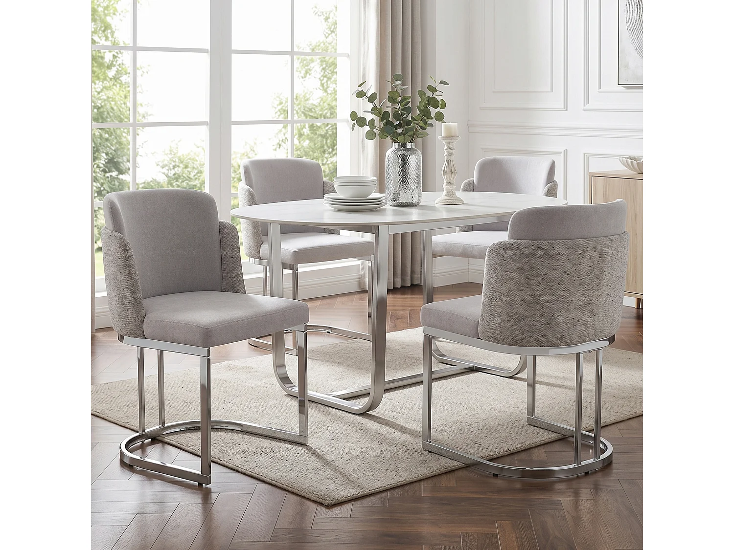 Set van 4 chenille eetkamerstoelen met stalen poten - Lichtgrijs en zilver