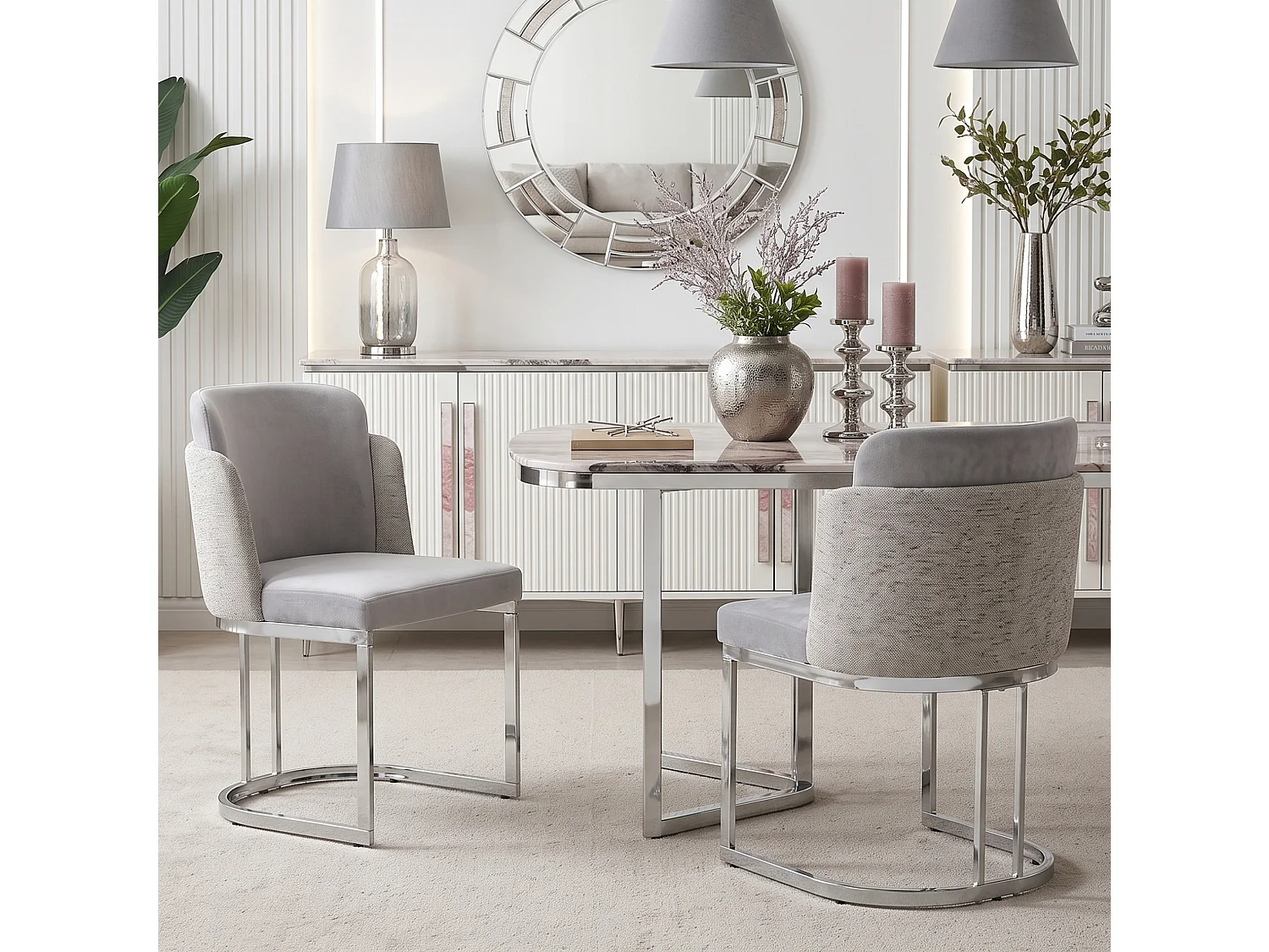 Set van 4 chenille eetkamerstoelen met stalen poten - Lichtgrijs en zilver