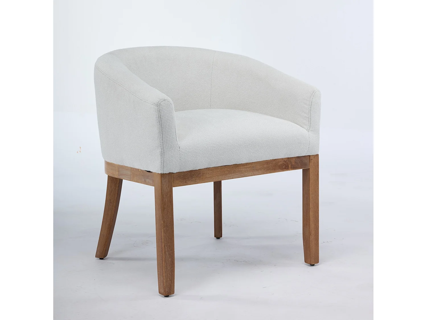 Sedia in ciniglia beige con braccioli e gambe in legno