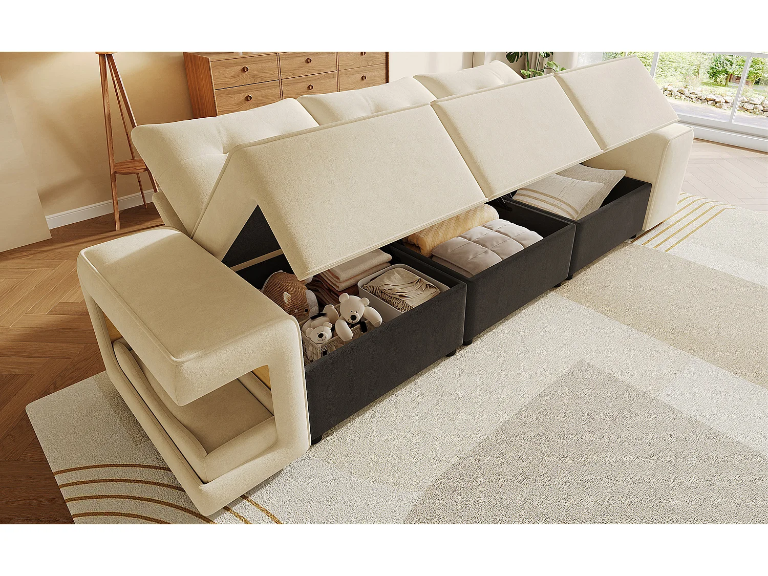 Canapé modulable 3 places en velours avec rangements et niches pour animaux - Beige