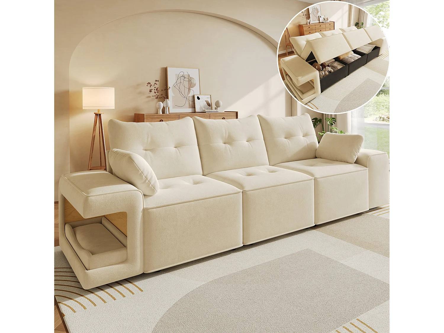 Canapé modulable 3 places en velours avec rangements et niches pour animaux - Beige