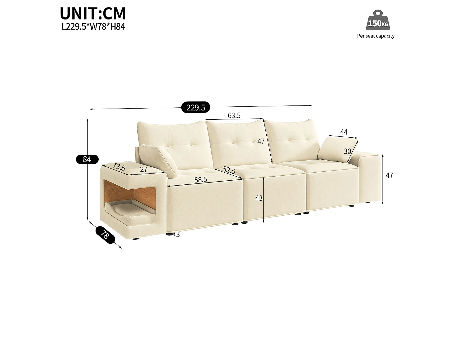 Canapé modulable 3 places en velours avec rangements et niches pour animaux - Beige
