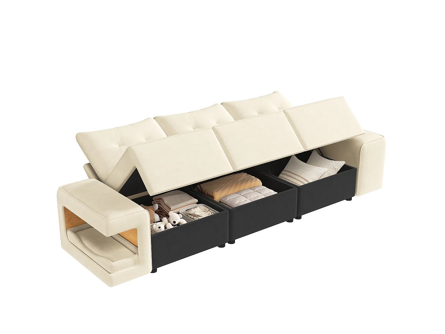 Canapé modulable 3 places en velours avec rangements et niches pour animaux - Beige