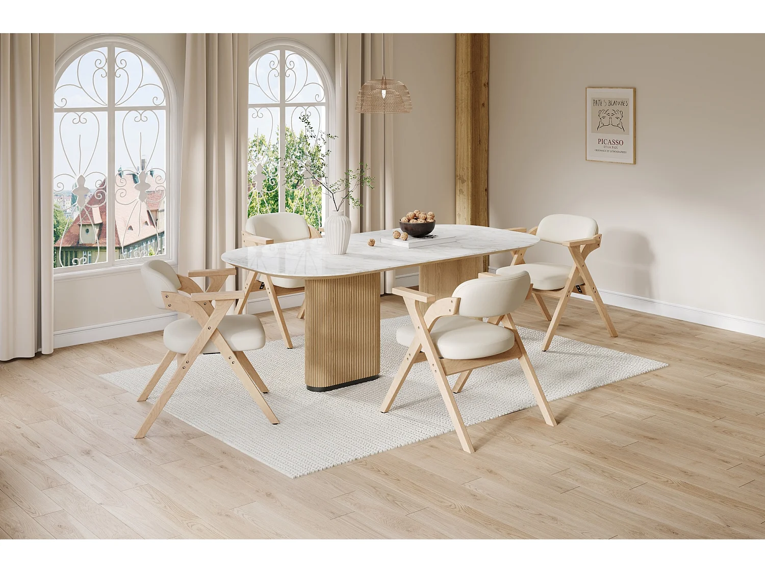 Lot de 4 chaises pliantes en lin beige avec accoudoirs - Naturel clair