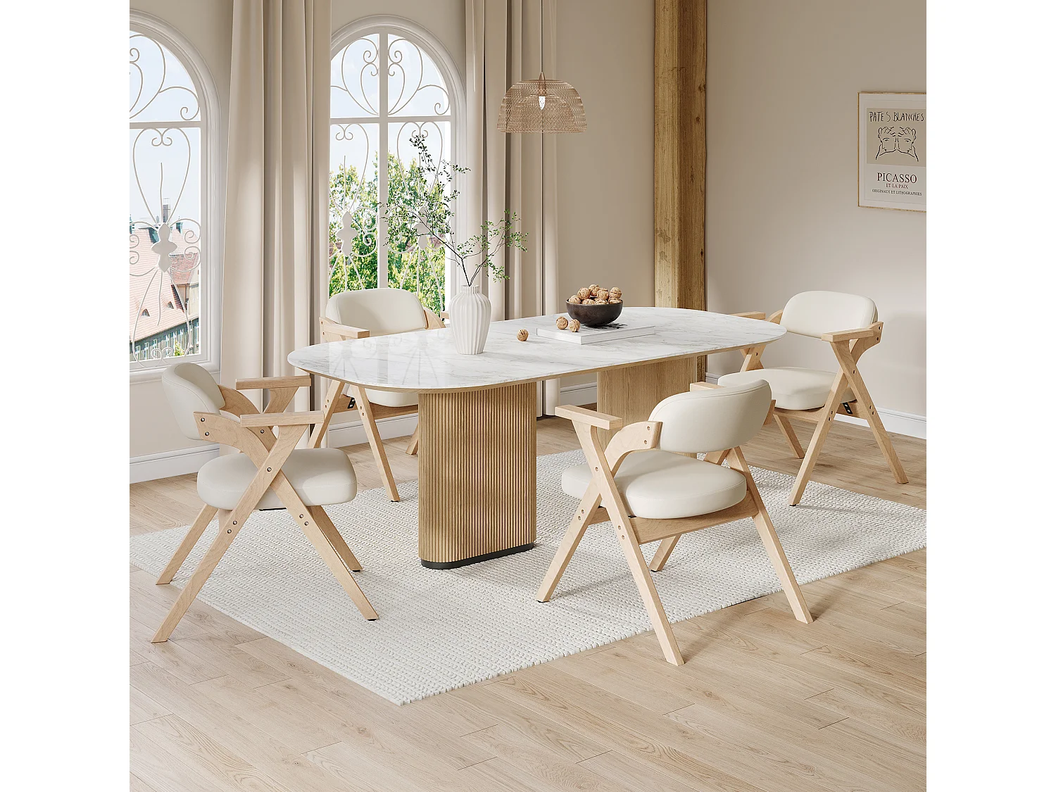 Lot de 4 chaises pliantes en lin beige avec accoudoirs - Naturel clair