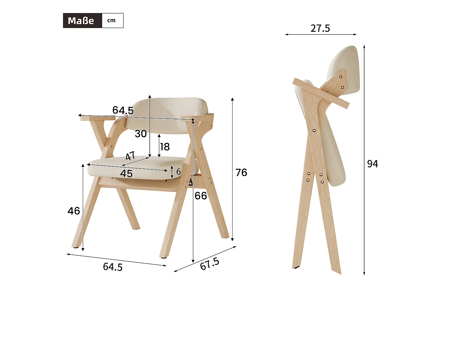 Lot de 4 chaises pliantes en lin beige avec accoudoirs - Naturel clair