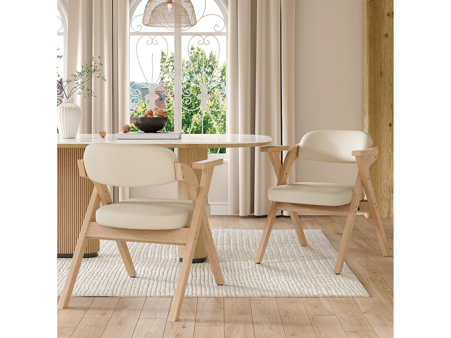 Lot de 4 chaises pliantes en lin beige avec accoudoirs - Naturel clair