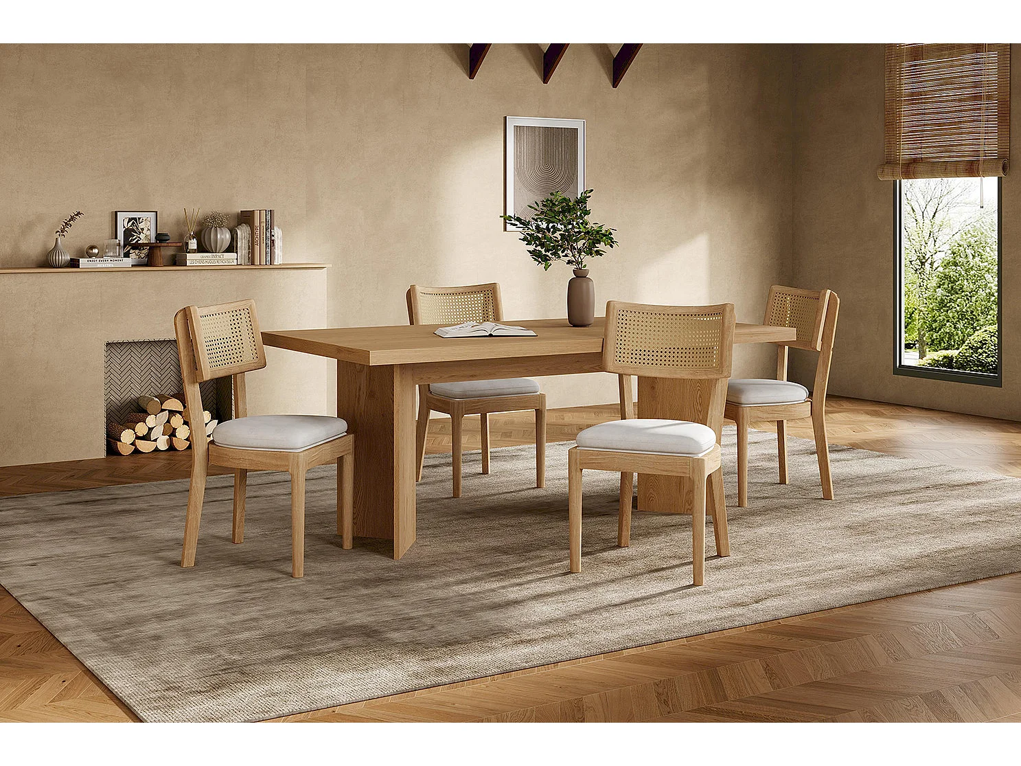 Lot de 4 chaises en bois et lin avec dossier en rotin - Naturel clair