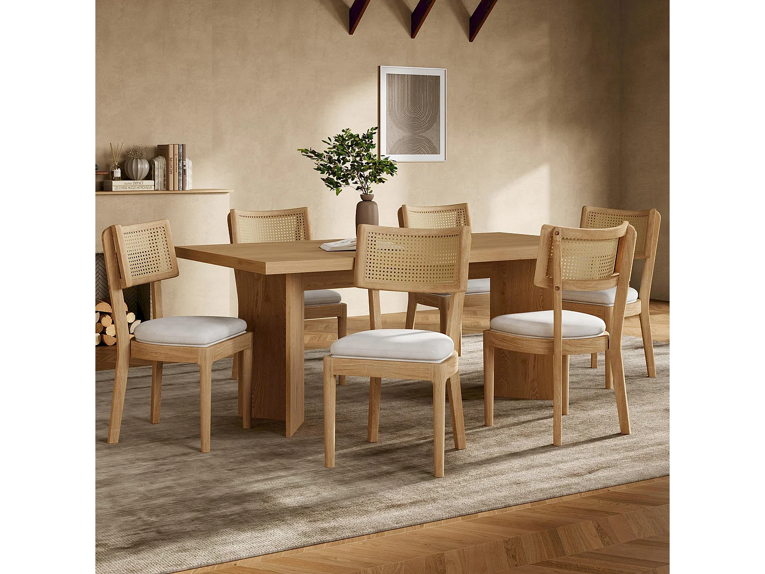Lot de 4 chaises en bois et lin avec dossier en rotin - Naturel clair