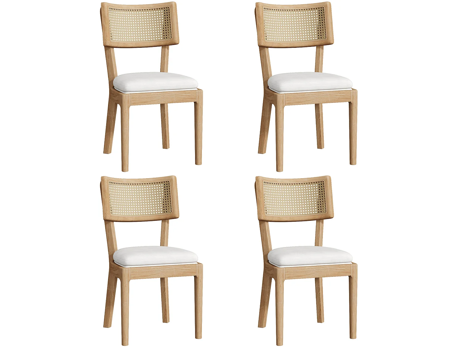 Lot de 4 chaises en bois et lin avec dossier en rotin - Naturel clair