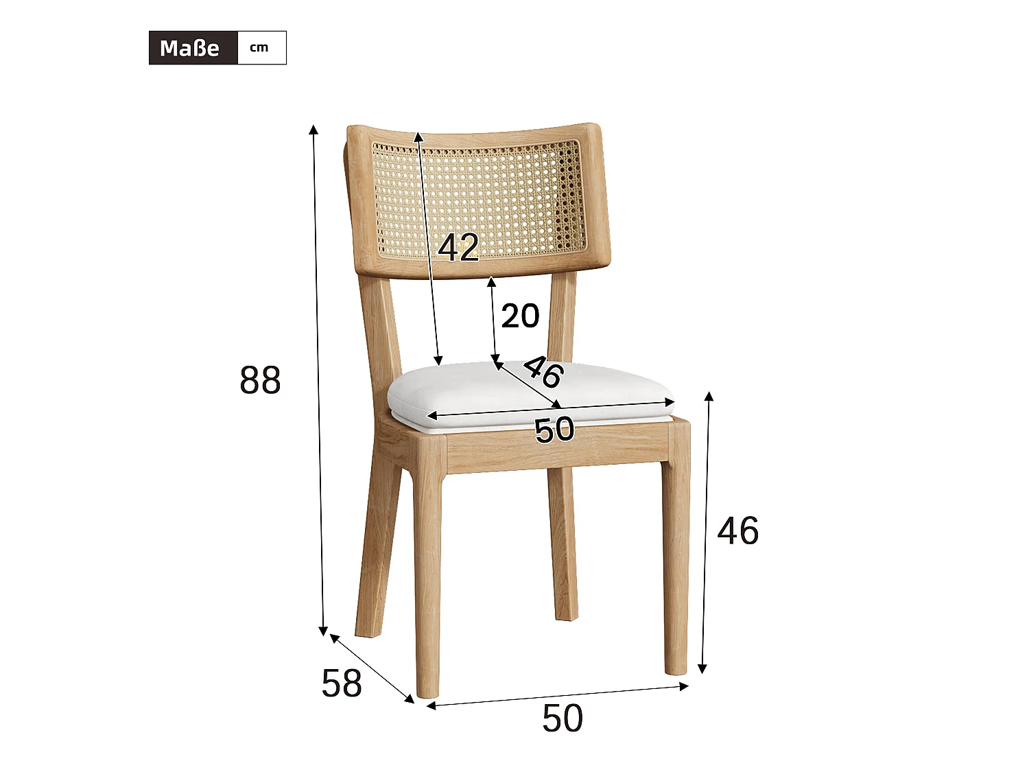 Lot de 4 chaises en bois et lin avec dossier en rotin - Naturel clair