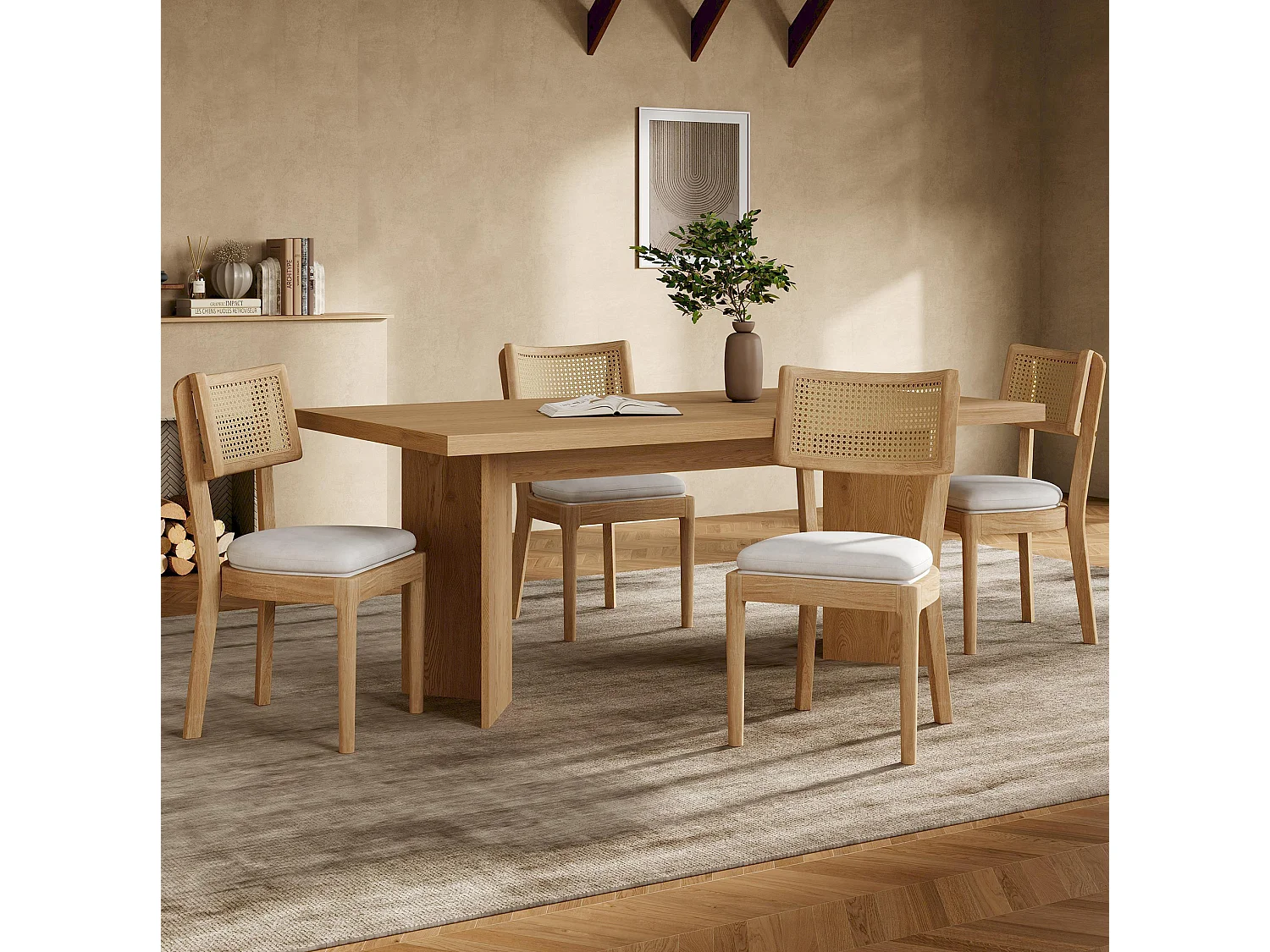 Lot de 4 chaises en bois et lin avec dossier en rotin - Naturel clair