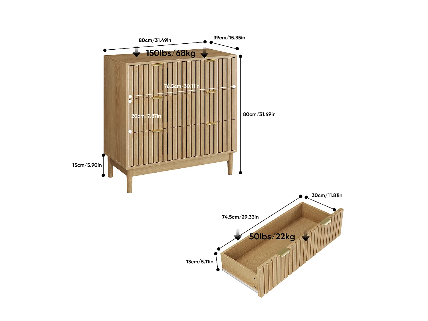 Cassettiera a 3 cassetti, 80x39x80 cm, legno color rovere