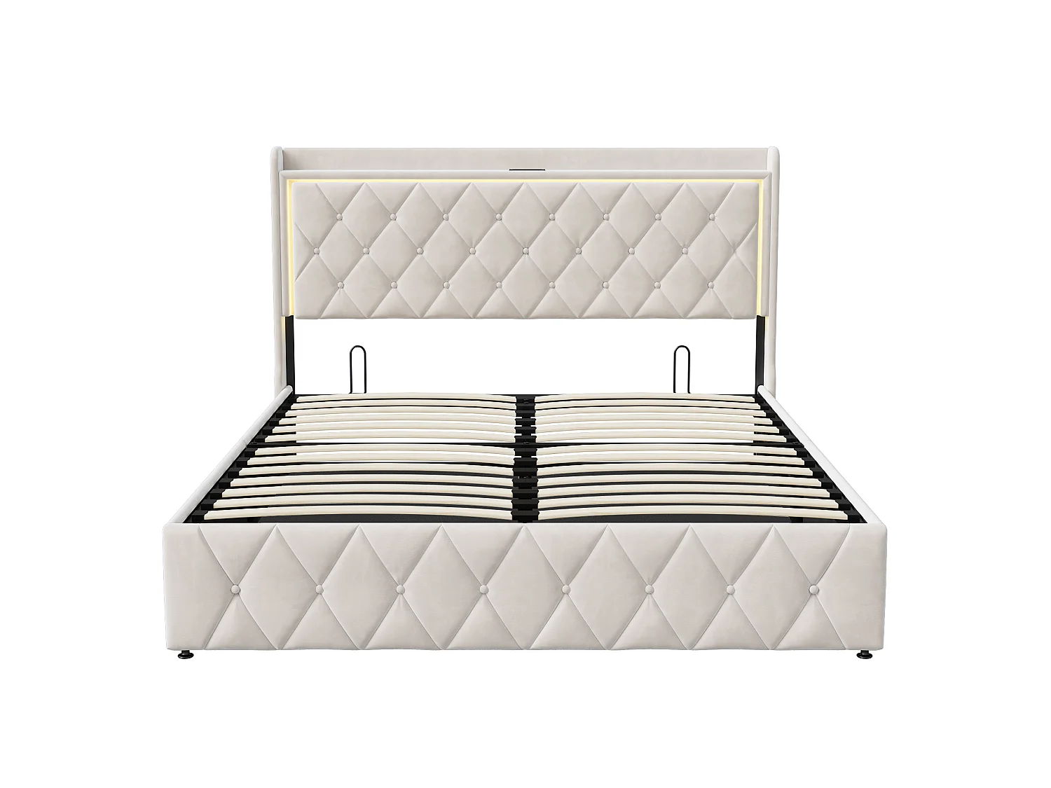 Lit Coffre 140x190 - Lit double coffre avec LED et USB - Lit 140x190 cm avec rangement et tete de lit - Lit capitonne avec sommier à lattes - Velours Beige