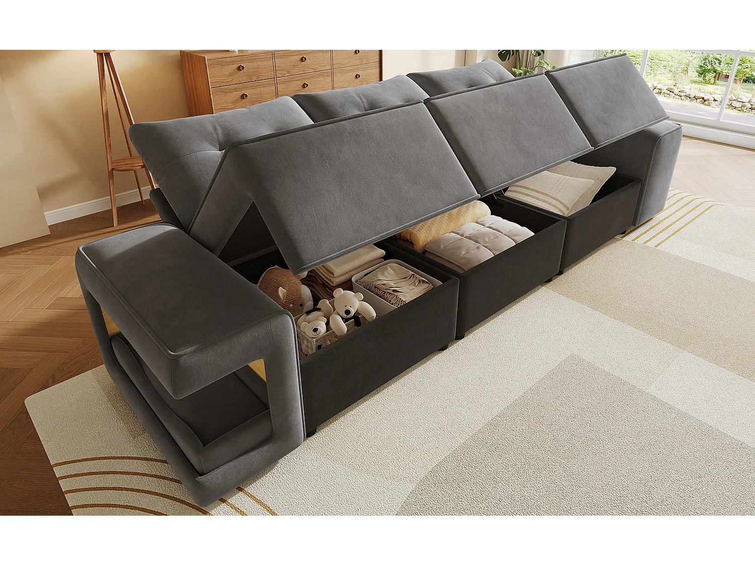 Canapé modulable 3 places en velours avec rangements et niches pour animaux - Gris