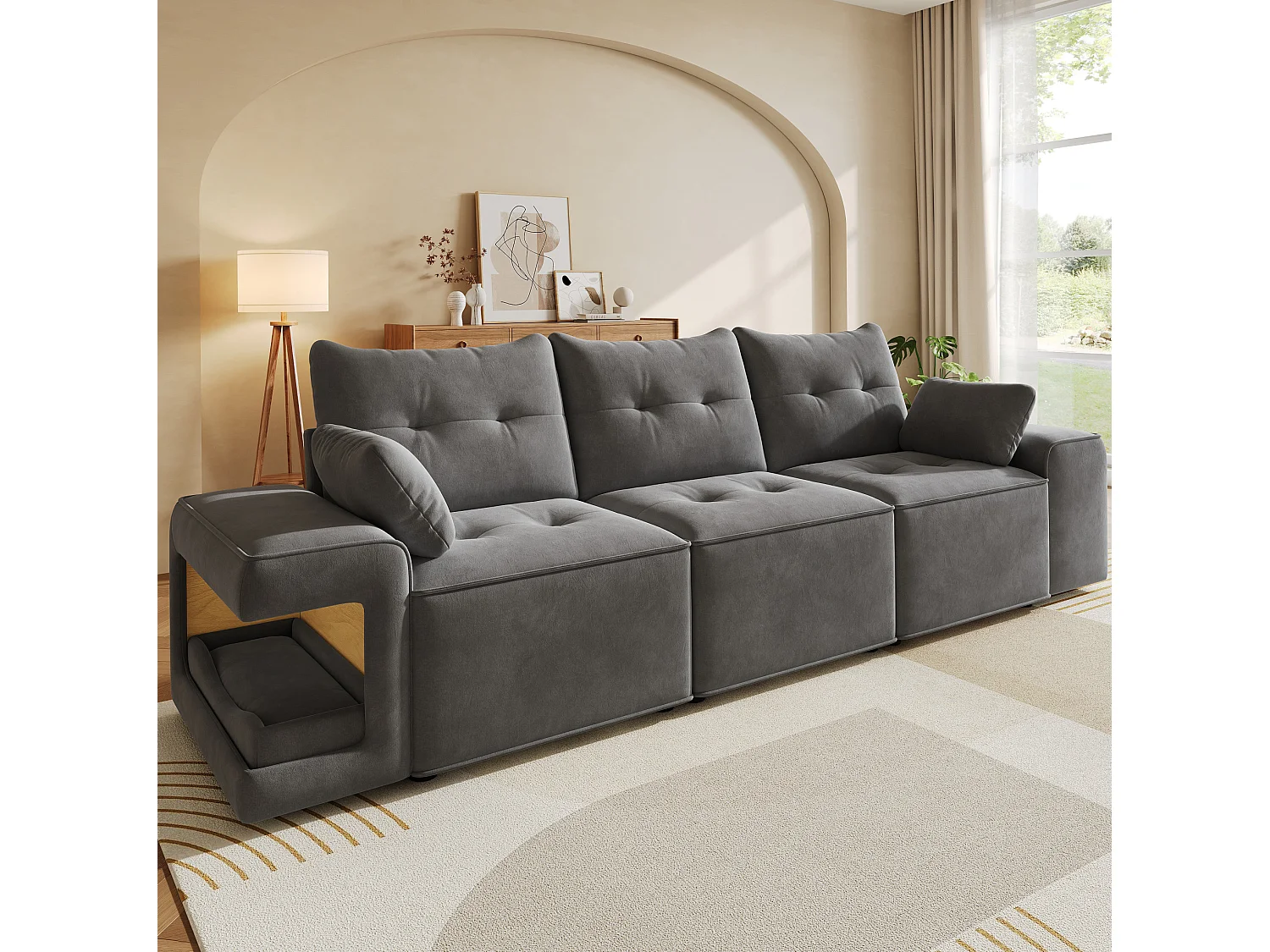 Canapé modulable 3 places en velours avec rangements et niches pour animaux - Gris
