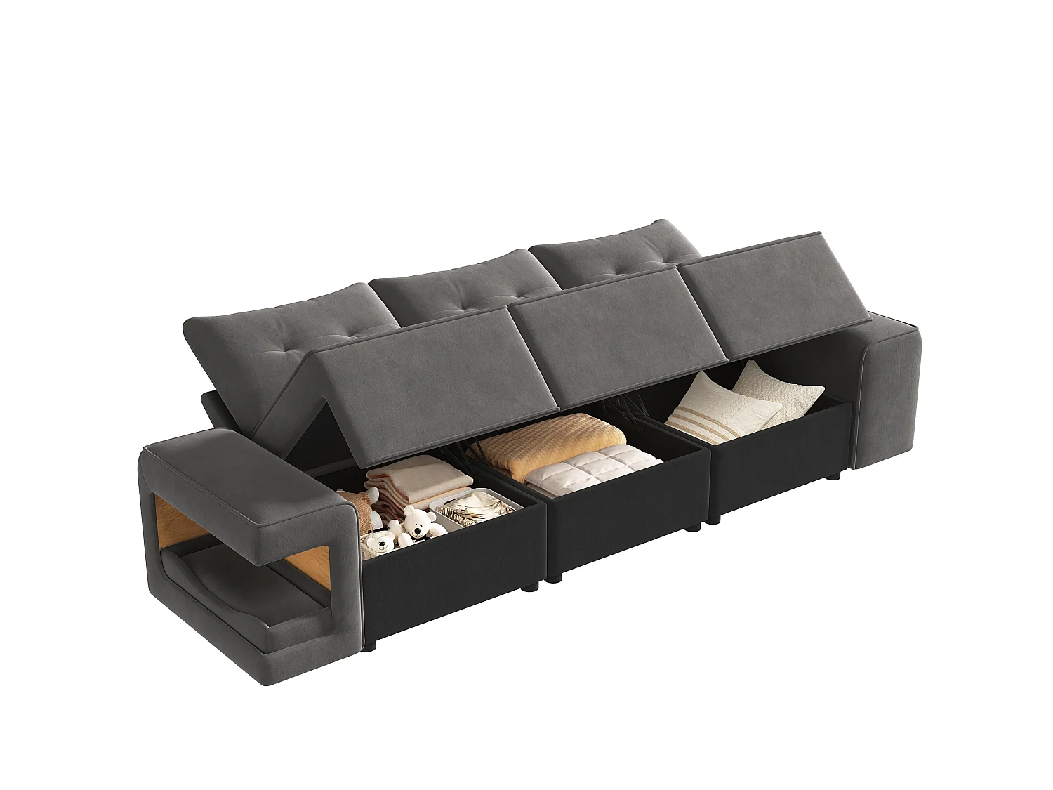 Canapé modulable 3 places en velours avec rangements et niches pour animaux - Gris