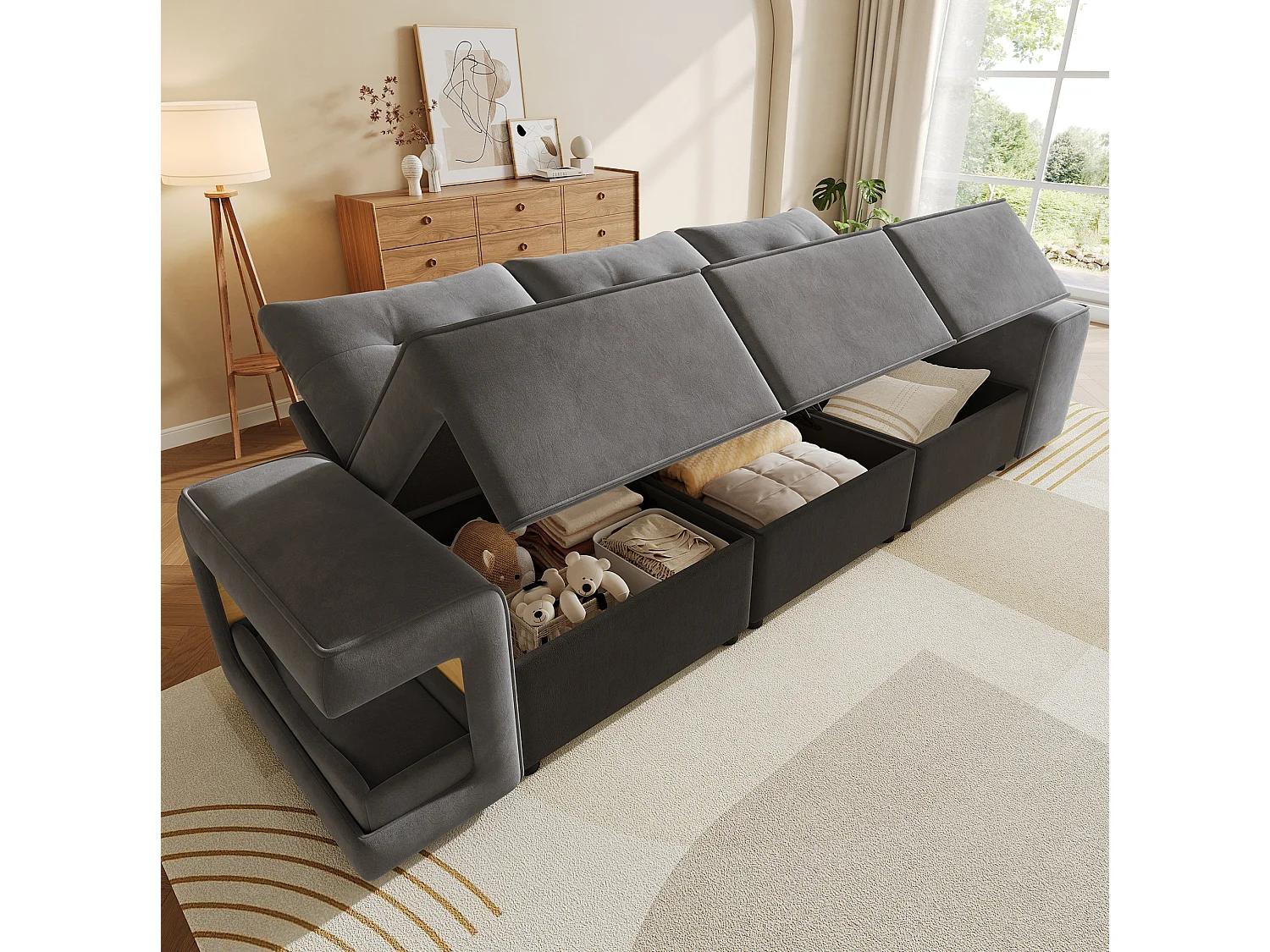 Canapé modulable 3 places en velours avec rangements et niches pour animaux - Gris
