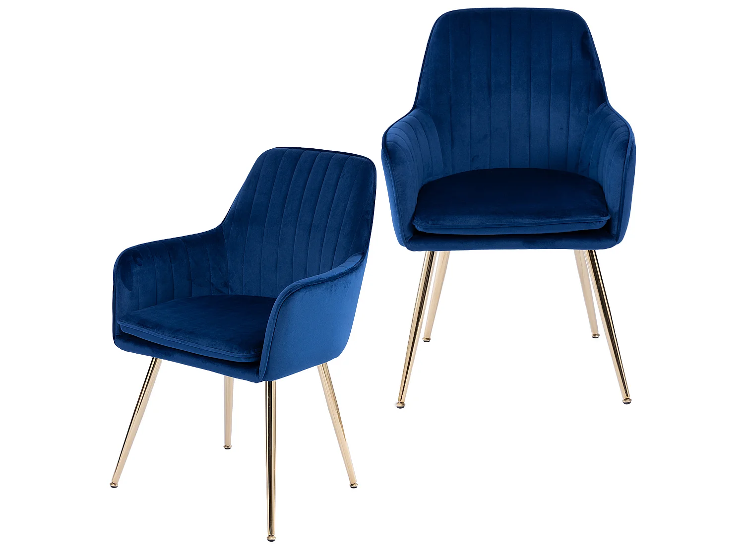 Lot de 2 chaises en tissu bleu avec pieds en métal doré