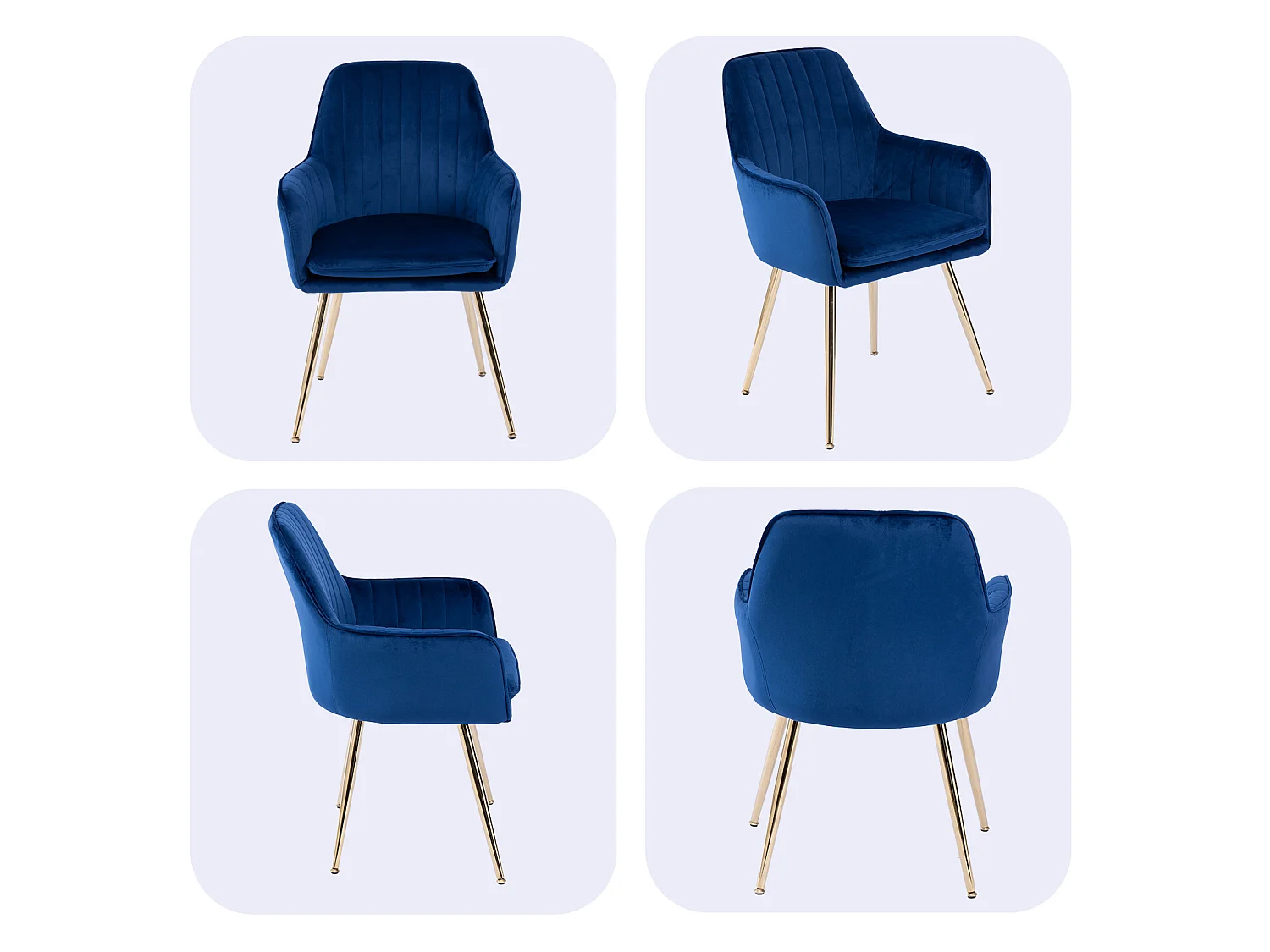 Lot de 2 chaises en tissu bleu avec pieds en métal doré