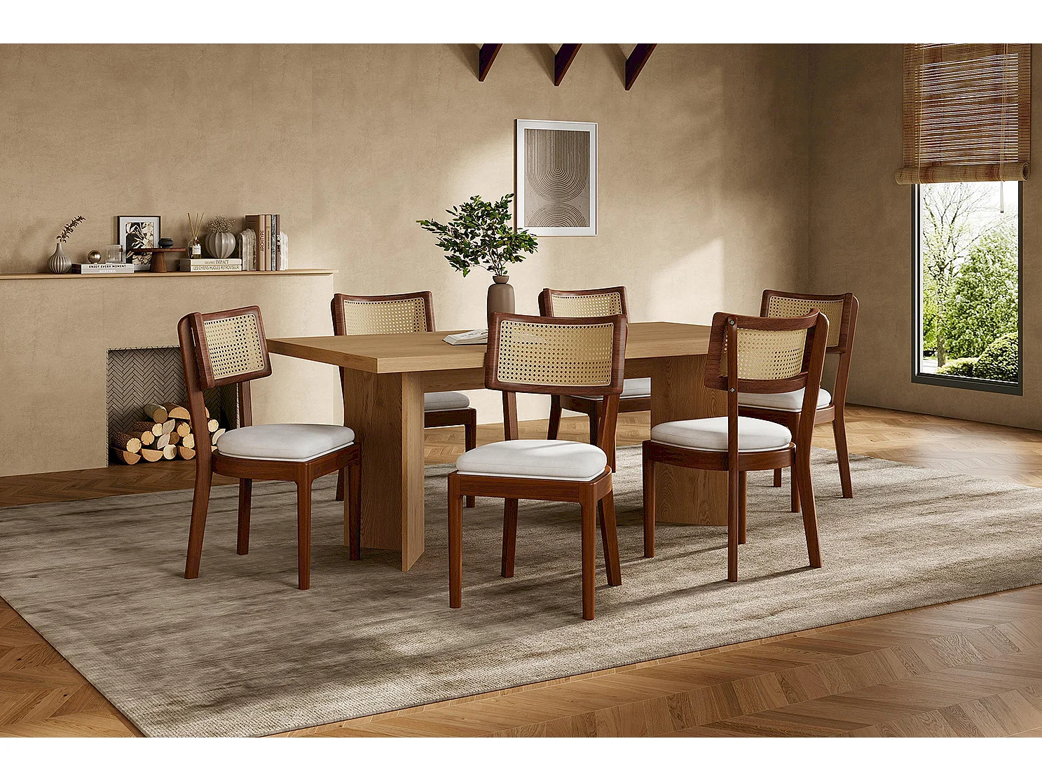 Lot de 6 chaises en bois et lin avec dossier en rotin - Marron