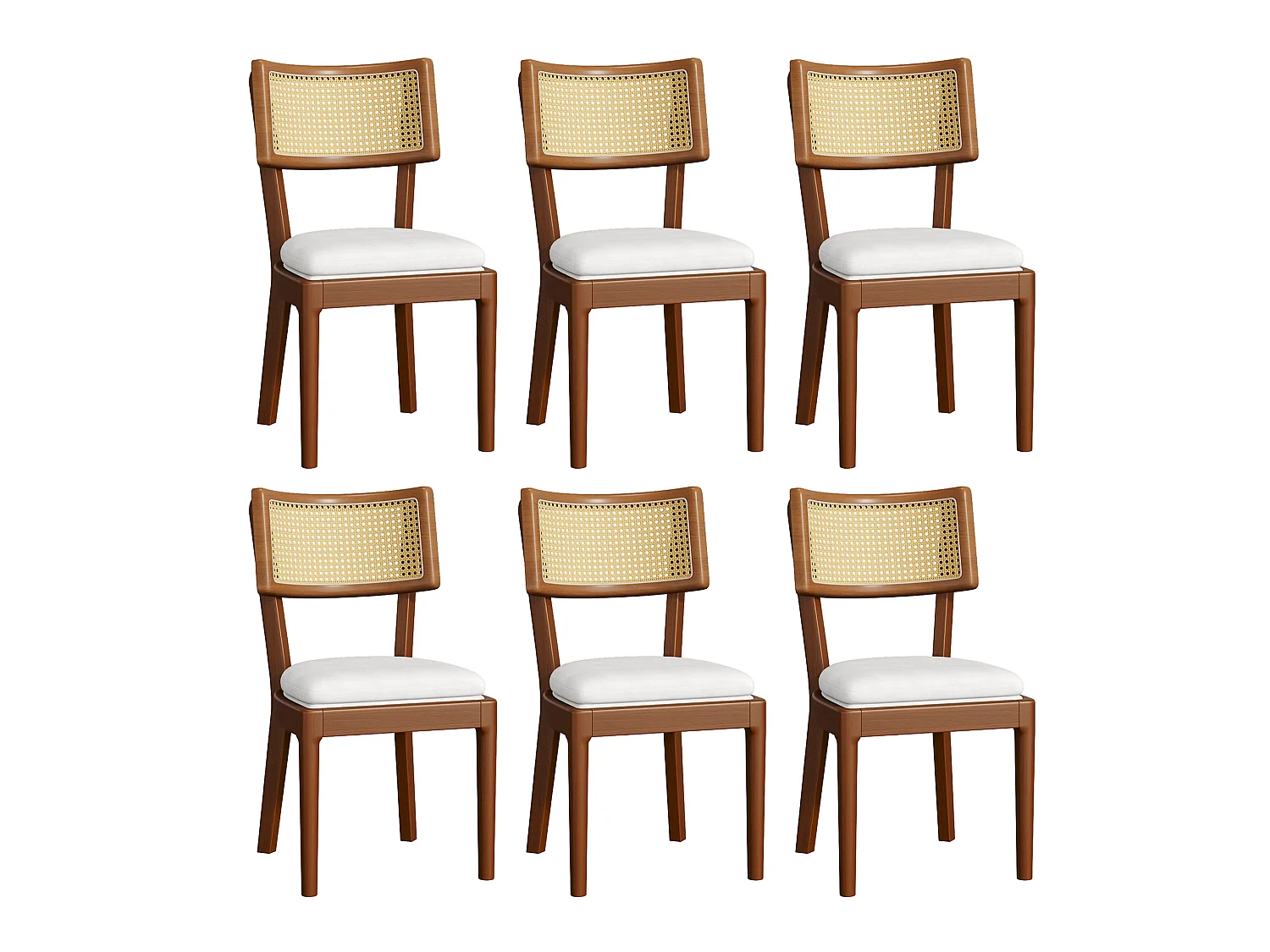 Lot de 6 chaises en bois et lin avec dossier en rotin - Marron