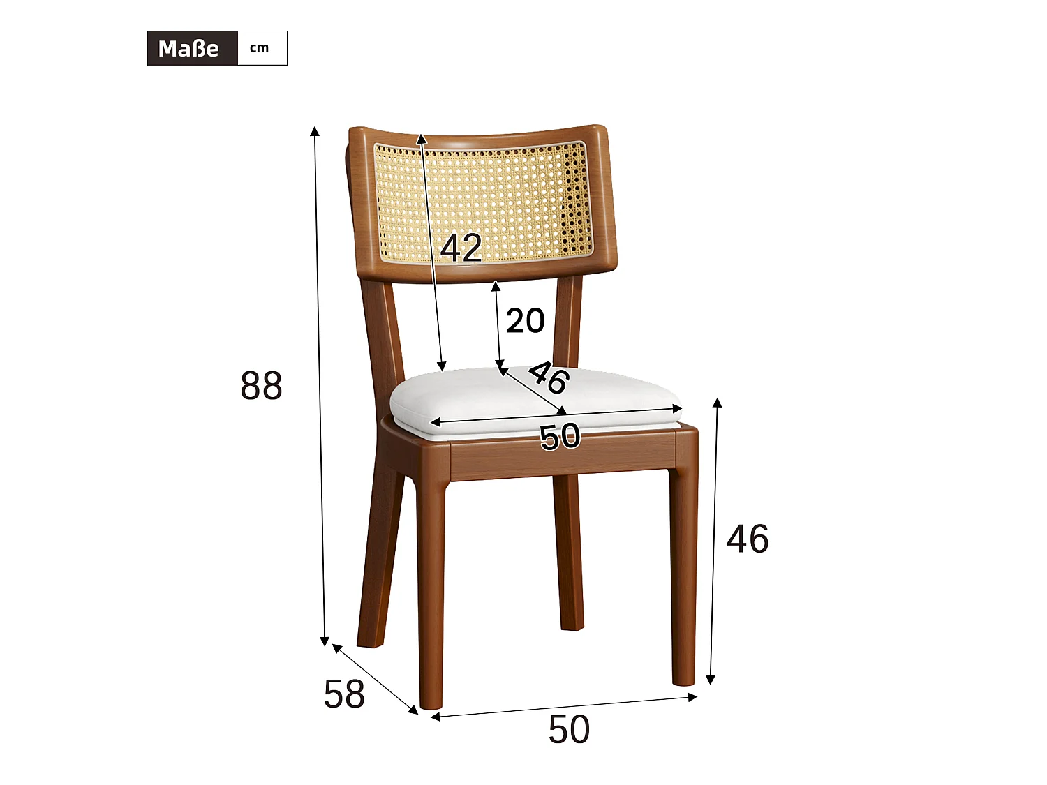Lot de 6 chaises en bois et lin avec dossier en rotin - Marron