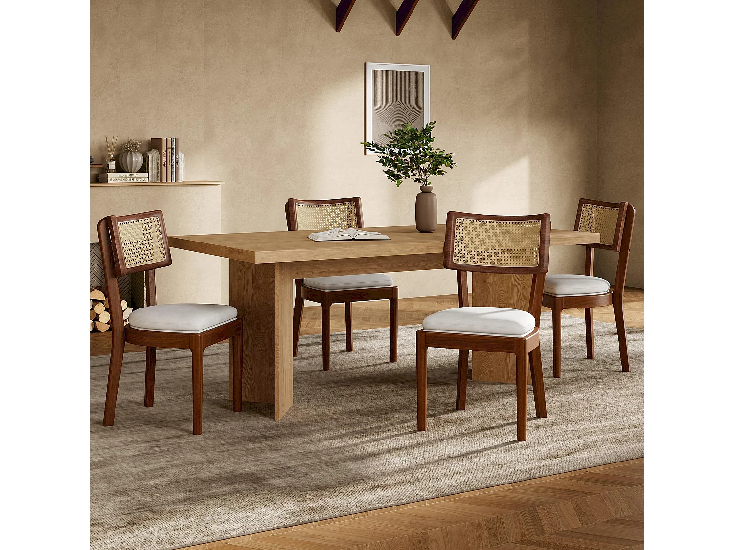 Lot de 6 chaises en bois et lin avec dossier en rotin - Marron