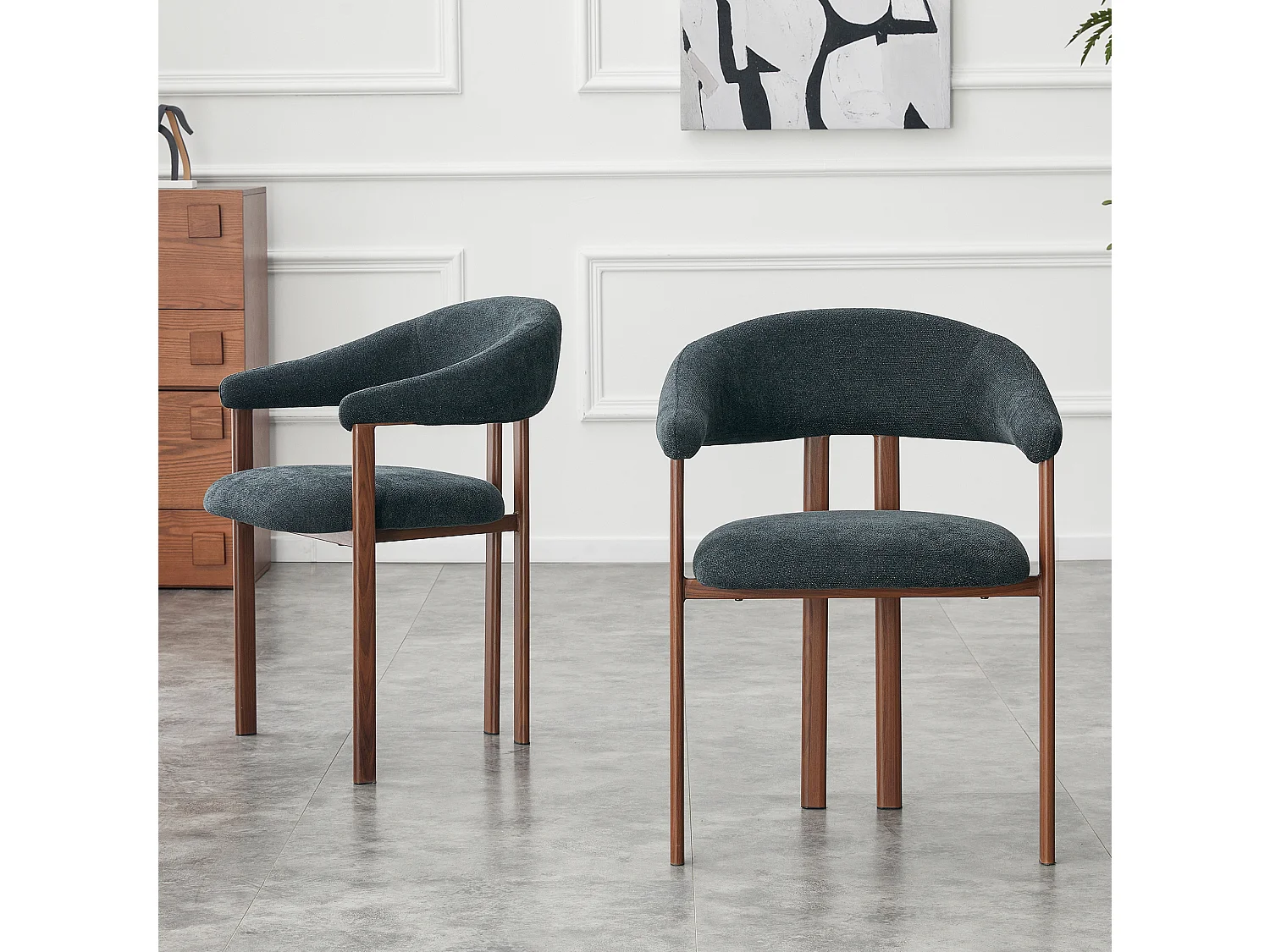 Set van 2 eetkamerstoelen in zwart linnen met metalen poten