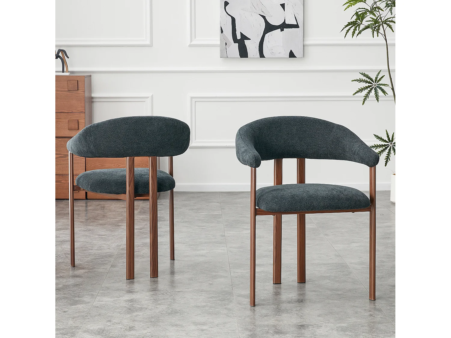 Set van 2 eetkamerstoelen in zwart linnen met metalen poten