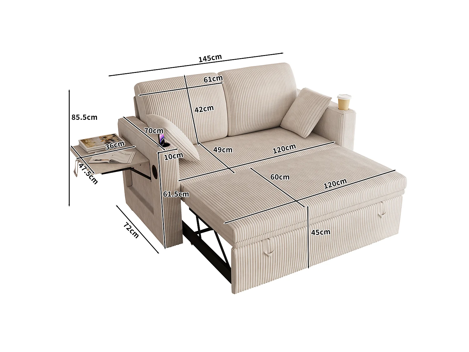 Tweezits slaapbank met USB-poort en verstelbare rugleuning - Wit corduroy